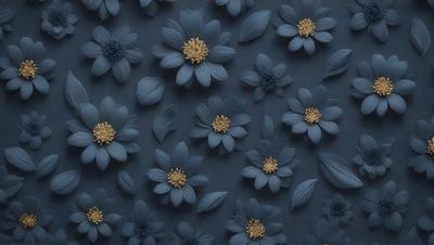 The primary subject of the image is a pattern of blue flowers with yellow centers. The setting is a blue background, and the visual style appears to be a combination of photo and digital art. The dominant colors are blue and yellow, creating a calm and serene atmosphere.