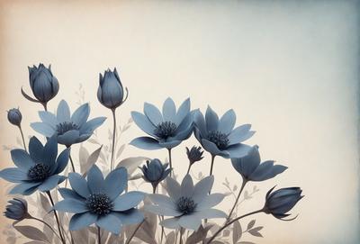 The primary subject of the image is a bouquet of blue flowers, which are the main focus of the scene. The flowers are set against a backdrop of a white wall, creating a clean and minimalist visual style. The overall atmosphere of the image is serene and calming, with the blue flowers serving as a soothing and tranquil element.