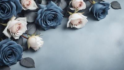 The primary subject of the image is a bouquet of blue and white roses. The setting is a blue table, and the visual style is a photo. The dominant colors are blue and white, creating a calm and serene atmosphere.