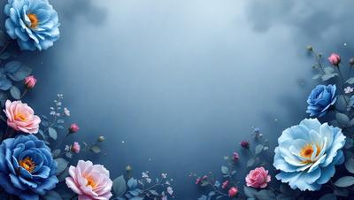 Primary subject: Flowers
Setting/background: A blue sky
Visual style: Digital art
Colors and mood: Pink, blue, and white flowers, creating a serene and calming atmosphere.
