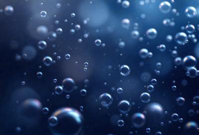 The primary subject of the image is a large number of bubbles floating in a dark blue, starry sky. The setting is a space-like environment, with the bubbles scattered throughout the scene. The visual style is a combination of a photo and digital art, creating a unique and captivating image. The colors and mood are predominantly dark and moody, with the blue hue of the sky and the starry background creating a sense of depth and mystery.