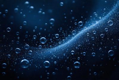 The primary subject of the image is a blue background with a swirling pattern of bubbles. The setting appears to be a dark, possibly nighttime, environment. The visual style is a close-up of the bubbles, creating a sense of depth and movement. The colors and mood of the image are predominantly dark and moody, with the blue background and the swirling bubbles creating a sense of mystery and intrigue.