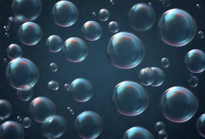 The primary subject of the image is a close-up of a blue background with numerous bubbles floating on it. The bubbles are of various sizes and shapes, creating a visually interesting and dynamic scene. The setting appears to be a dark, possibly underwater, environment, as the bubbles are floating on a blue surface. The visual style of the image is a close-up of the bubbles, emphasizing their details and textures. The colors and mood of the image are predominantly blue, creating