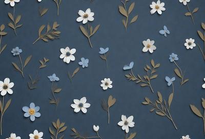 The primary subject of the image is a blue and white floral pattern. The setting is a blue background, and the visual style appears to be a combination of digital art and illustration. The dominant colors are blue and white, creating a calm and serene atmosphere.