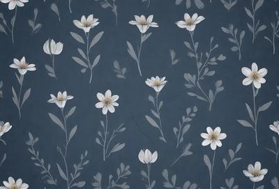 The primary subject of the image is a pattern of white flowers on a blue background. The setting is a wallpaper with a blue color scheme. The visual style is a combination of digital art and illustration, creating a unique and eye-catching design. The dominant colors are blue and white, giving the pattern a calm and soothing atmosphere.