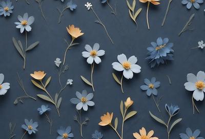 The primary subject of the image is a collection of blue and white flowers, which are arranged in various positions and sizes. The setting is a blue wall, which serves as the backdrop for the flowers. The visual style of the image is a combination of digital art and illustration, creating a vibrant and colorful display. The dominant colors in the image are blue and white, giving the scene a calm and serene atmosphere.