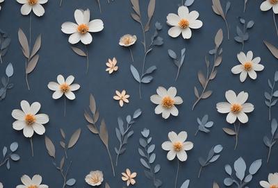 The primary subject of the image is a blue wall with a pattern of white flowers. The setting is indoors, and the visual style appears to be a combination of digital art and illustration. The dominant colors are blue and white, creating a calm and serene atmosphere.
