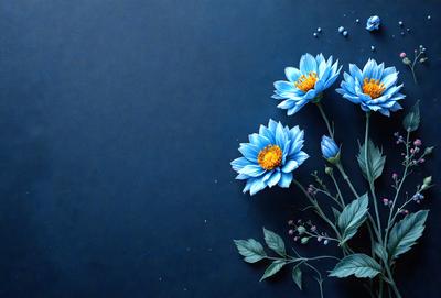 The primary subject of the image is a close-up of three blue flowers with yellow centers, arranged in a vase. The setting is a dark blue background, which creates a dramatic contrast with the flowers. The visual style is a combination of photo and digital art, as the flowers are depicted in a realistic manner while the background is digitally created. The colors and mood of the image are predominantly dark and moody, with the blue flowers and the dark blue background creating a sense of depth and intensity.