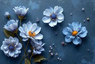 The primary subject of the image is a bouquet of blue flowers, which are arranged in a vase. The setting is a blue wall, which serves as the backdrop for the flowers. The visual style of the image is a painting, with the flowers and vase depicted in a detailed and artistic manner. The dominant colors in the image are blue and white, creating a calm and serene atmosphere.
