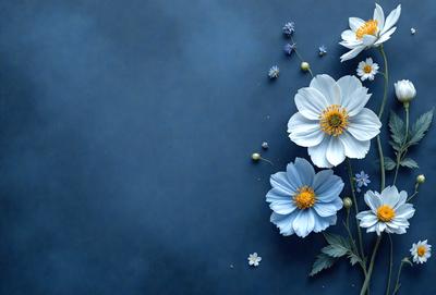 The primary subject of the image is a bouquet of white flowers. The flowers are arranged in a vase, and they are placed against a blue background. The visual style of the image is a combination of photo and digital art, creating a realistic yet artistic representation of the flowers. The colors and mood of the image are predominantly blue, giving it a calm and serene atmosphere.