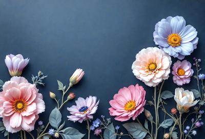 The primary subject of the image is a bouquet of flowers. The flowers are pink and purple, and they are arranged in a visually appealing manner. The setting is a blue wall, which serves as a beautiful backdrop for the flowers. The visual style of the image is a combination of photo and digital art, creating a realistic yet artistic representation of the flowers. The colors and mood of the image are predominantly pink and purple, giving it a warm and inviting atmosphere.