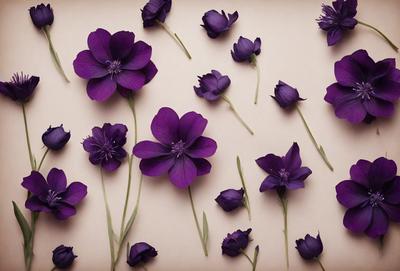 Purple flowers are the primary subject of the image. They are arranged in a pattern on a wall, creating a visually appealing display. The setting is indoors, with a white wall serving as the background. The visual style is a close-up of the flowers, showcasing their details and beauty. The dominant colors in the image are purple, which creates a calm and serene atmosphere.