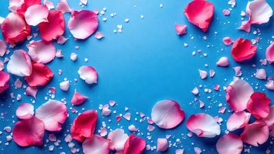 The primary subject of the image is a close-up of a pink rose petal. The setting is a blue background, which creates a contrasting and visually appealing effect. The visual style is a close-up of a single rose petal, emphasizing the delicate details of the petal. The colors are predominantly pink, which gives the image a romantic and elegant mood.