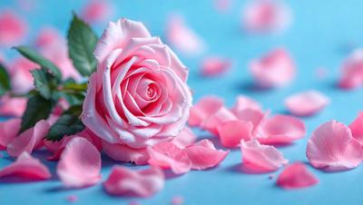 The primary subject of the image is a single pink rose. The rose is placed on a blue surface, which serves as the background. The visual style of the image is a photo, capturing the beauty of the rose in its natural setting. The dominant colors in the image are pink and blue, creating a serene and calming atmosphere.
