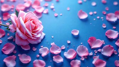 The primary subject of the image is a single pink rose. The rose is placed on a blue surface, which could be a table or a background. The visual style of the image is a close-up of the rose, showcasing its details and beauty. The colors in the image are predominantly pink, which gives the image a romantic and delicate atmosphere.