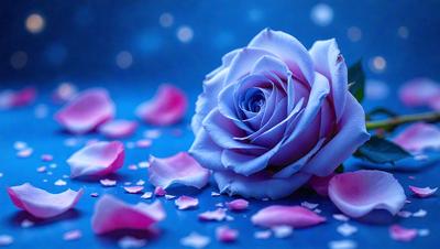 The primary subject of the image is a single purple rose. The rose is placed on a blue surface, which could be a table or a background. The visual style of the image is a close-up of the rose, showcasing its details and beauty. The colors in the image are predominantly purple and blue, creating a calm and serene atmosphere.