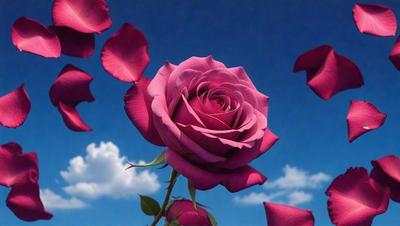The primary subject of the image is a single pink rose, which is the main focus of the scene. The rose is situated in a blue sky, creating a serene and peaceful atmosphere. The visual style of the image is a photo, capturing the beauty of the rose in its natural environment. The colors in the image are predominantly pink and blue, which contribute to the overall mood of the scene.
