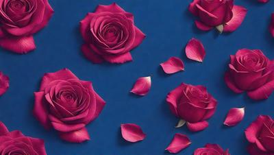 The primary subject of the image is a bouquet of pink roses. The setting is a blue background, which creates a contrasting and visually appealing scene. The visual style is a combination of photo and digital art, as the roses are depicted in a realistic manner while the background is digitally created. The colors and mood of the image are predominantly pink, which evokes a sense of warmth, love, and beauty.