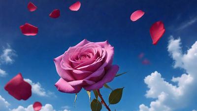 Primary subject: A single pink rose.

Setting/background: A blue sky with clouds.

Visual style: Digital art.

Colors and mood: The rose is pink, and the sky is blue with clouds. The overall atmosphere is serene and peaceful.