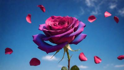 The primary subject of the image is a single purple rose, which is the focal point of the scene. The rose is situated in a blue sky, which serves as the backdrop for the image. The visual style of the image is a photo, capturing the beauty of the rose in its natural environment. The dominant colors in the image are purple and blue, creating a serene and calming atmosphere.