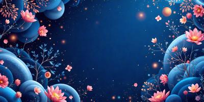The primary subject of the image is a blue background with a pattern of flowers. The setting is a night sky, and the visual style is a digital art or illustration. The dominant colors are blue and pink, creating a calm and serene atmosphere.