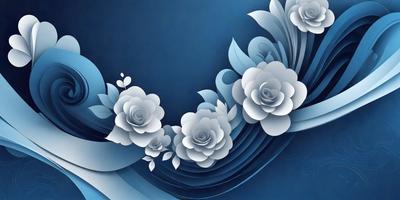 The primary subject of the image is a row of white flowers, which are the main objects in the scene. The flowers are arranged in a visually appealing manner, creating a sense of harmony and beauty. The setting is a blue background, which adds a sense of depth and contrast to the image. The visual style of the image is a combination of digital art and illustration, as the flowers are depicted in a detailed and realistic manner. The colors and mood of the image are predominantly white and blue, giving it