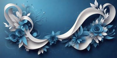 The primary subject of the image is a blue background with a white paper or cardboard design featuring a flower pattern. The setting is a blue background, and the visual style appears to be a combination of digital art and illustration. The dominant colors are blue and white, creating a calm and serene atmosphere.