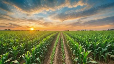 The primary subject of the image is a field of tall green corn, which is the main object, scene, or focus of the image. The setting is a large, open field with a cloudy sky in the background. The visual style is a photo, capturing the natural beauty of the corn field. The dominant colors are green and yellow, creating a lush and vibrant atmosphere.