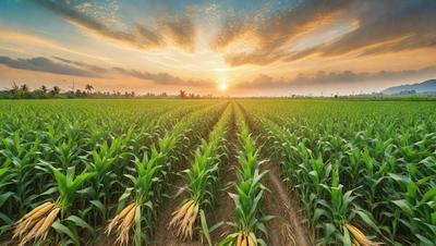 The primary subject of the image is a field of corn, with the sun setting in the background. The field is filled with tall, green corn stalks, and the sun is visible in the sky, casting a warm glow over the scene. The visual style of the image is a photo, capturing the natural beauty of the corn field during sunset. The colors and mood of the image are warm and serene, with the vibrant green of the corn stalks contrasting against the warm hues of the sunset.