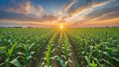 The primary subject of the image is a field of tall green corn, with the sun setting in the background. The setting is a vast, open field with a cloudy sky above. The visual style is a photo, capturing the natural beauty of the corn field during sunset. The dominant colors are green, yellow, and orange, creating a warm and serene atmosphere.