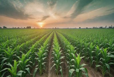 The image features a large field of green corn, with the sun setting in the background. The corn is growing in neat rows, creating a visually appealing and organized scene. The sun's rays cast a warm glow over the field, enhancing the overall mood of the image. The primary subject is the corn, which is the main focus of the image, while the setting and visual style suggest a natural, outdoor environment.