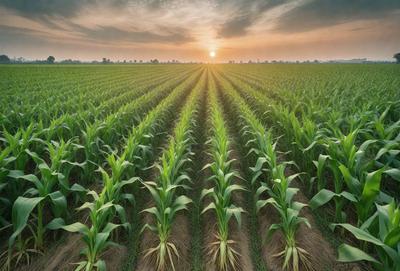 The image features a large field of corn, with the sun setting in the background. The corn is growing in rows, creating a sense of order and harmony in the scene. The sun's rays cast a warm glow over the field, highlighting the vibrant green color of the corn. The overall atmosphere is serene and picturesque, showcasing the beauty of nature and the power of agriculture.
