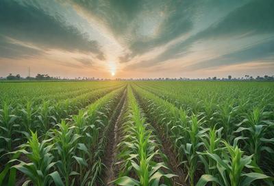 The primary subject of the image is a field of tall green grass, with a sunset in the background. The setting is a large, open field with a cloudy sky above. The visual style is a photo of the field, capturing the natural beauty of the landscape. The colors and mood of the image are warm and serene, with the sunset casting a golden glow over the field.