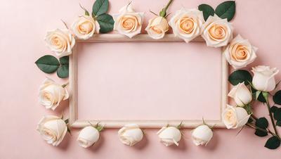 The primary subject of the image is a wooden frame with a pink background. The frame is adorned with a beautiful arrangement of white roses, creating a visually appealing and elegant scene. The roses are placed in various positions around the frame, adding depth and dimension to the composition. The overall atmosphere of the image is serene and romantic, with the white roses symbolizing purity and love.