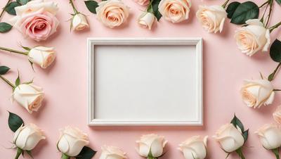 The primary subject of the image is a white frame with a blank picture, surrounded by a variety of pink and white flowers. The setting is a pink background, which adds a warm and inviting atmosphere to the scene. The visual style is a combination of a photo and digital art, as the flowers are arranged in a pattern and the frame itself appears to be a digital creation. The colors and mood of the image are predominantly pink and white, giving it a delicate and elegant appearance.