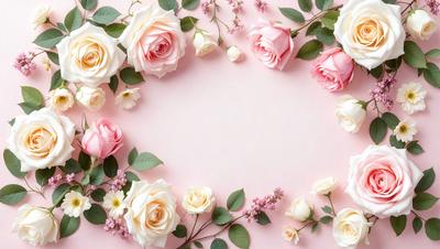 The primary subject of the image is a bouquet of white and pink roses. The roses are arranged in a circular pattern, creating a visually appealing and elegant display. The setting is a pink background, which complements the colors of the roses. The visual style of the image is a close-up of the roses, showcasing their details and beauty. The overall atmosphere of the image is romantic and serene, with the roses symbolizing love and affection.