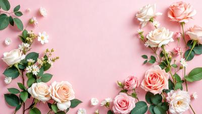 The primary subject of the image is a bouquet of pink and white flowers. The flowers are arranged in a visually appealing manner, with some of them placed on a pink background. The setting appears to be a studio or a controlled environment, as the flowers are carefully positioned and the background is consistent. The visual style of the image is a combination of photo and digital art, creating a realistic yet artistic representation of the flowers. The colors and mood of the image are predominantly pink and white, giving