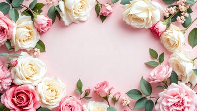 The primary subject of the image is a bouquet of pink and white flowers. The flowers are arranged in a circular pattern, creating a visually appealing and harmonious display. The setting is a pink background, which complements the colors of the flowers and adds to the overall aesthetic of the image. The visual style is a close-up of the flowers, allowing the viewer to appreciate the details and beauty of the blooms. The colors and mood of the image are predominantly pink and white