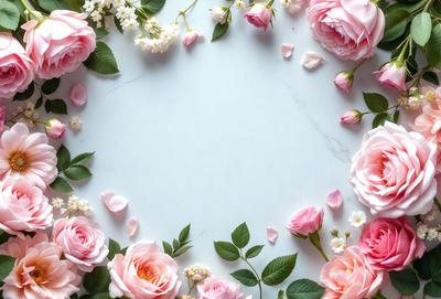 The primary subject of the image is a white marble table with a circle cut out of it, surrounded by pink flowers. The table is set in a natural environment, with a rock surface visible in the background. The visual style of the image is a photo, capturing the beauty of the flowers and the marble table. The colors and mood of the image are predominantly pink, creating a warm and inviting atmosphere.