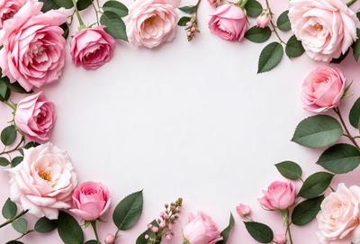 The primary subject of the image is a bouquet of pink roses. The setting is a white background, which provides a clean and minimalist look. The visual style is a close-up of the flowers, showcasing their details and beauty. The colors and mood of the image are predominantly pink, creating a warm and romantic atmosphere.
