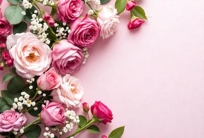 The primary subject of the image is a bouquet of pink and white flowers. The flowers are arranged in a vase, creating a beautiful and elegant display. The setting is a pink background, which adds a touch of warmth and softness to the scene. The visual style of the image is a close-up of the flowers, allowing the viewer to appreciate the details and beauty of the bouquet. The colors and mood of the image are predominantly pink and white, evoking a sense of love, rom