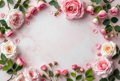 The primary subject of the image is a bouquet of pink flowers, which are arranged in a circle on a pink background. The flowers are the main focus of the image, and they are displayed in a visually appealing manner. The setting is a pink marble surface, which adds to the overall mood and aesthetic of the scene. The visual style of the image is a combination of photo and digital art, creating a unique and eye-catching composition. The colors and mood of the image are pre