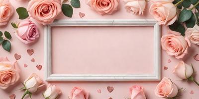 The primary subject of the image is a pink frame with a heart-shaped picture inside. The frame is adorned with pink roses, which are scattered around the frame. The setting is a pink background, and the visual style is a combination of a photo and digital art. The colors and mood of the image are predominantly pink, creating a warm and romantic atmosphere.