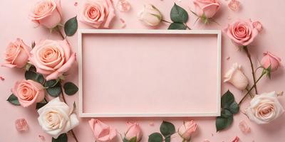 The primary subject of the image is a pink frame with a blank space, surrounded by a variety of pink flowers. The setting is a pink background, which adds to the overall mood of the image. The visual style is a combination of photo and digital art, creating a unique and eye-catching presentation. The colors and mood of the image are predominantly pink, giving it a warm and inviting atmosphere.