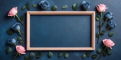 The primary subject of the image is a wooden frame with blue background and a few blue roses. The setting is a dark blue background, and the visual style appears to be a photo. The colors and mood of the image are predominantly blue, creating a calm and serene atmosphere.