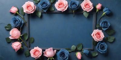 The primary subject of the image is a blue background with a row of pink and blue roses. The setting is a dark blue background, and the visual style appears to be a photo. The colors and mood of the image are predominantly pink and blue, creating a serene and elegant atmosphere.