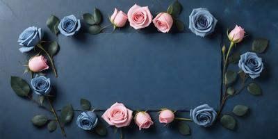 The primary subject of the image is a row of pink and blue roses. The setting is a blue background, and the visual style appears to be a photo. The colors and mood of the image are predominantly pink and blue, creating a serene and elegant atmosphere.