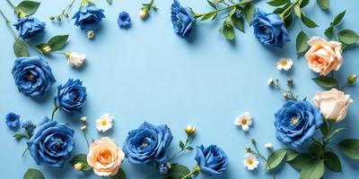 The primary subject of the image is a bouquet of blue and white flowers. The flowers are arranged in a visually appealing manner, creating a sense of harmony and beauty. The setting is a blue background, which complements the colors of the flowers and adds to the overall aesthetic of the image. The visual style is a close-up of the flowers, allowing the viewer to appreciate the details and textures of the petals and stems. The colors and mood of the image are predominantly blue and