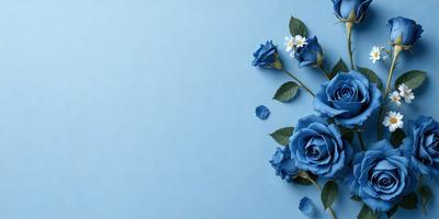 The primary subject of the image is a bouquet of blue roses. The setting is a blue wall, which serves as the backdrop for the flowers. The visual style is a close-up of the flowers, showcasing their beauty. The dominant colors in the image are blue and white, creating a serene and calming atmosphere.