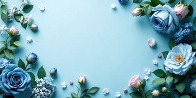The primary subject of the image is a bouquet of flowers, which are arranged in a visually appealing manner. The flowers are placed on a blue background, creating a striking contrast between the flowers and the color of the wall. The visual style of the image is a combination of photo and digital art, as it appears to be a close-up of the flowers, yet the background is a solid color. The colors and mood of the image are predominantly blue and white, giving it a calm and serene atmosphere.